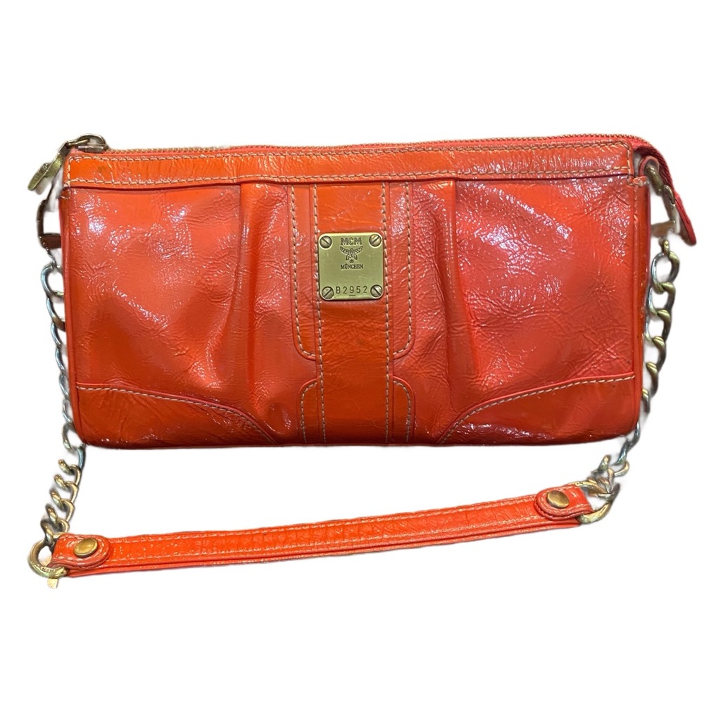MCM Orange Leather Clutch with Chain Strap